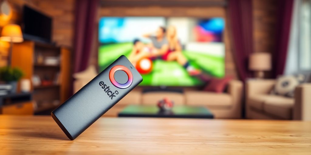 Firestick remote on a cozy living room table.