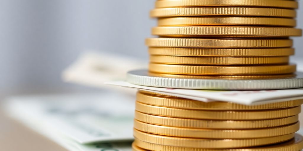 Pile de pièces d'or étincelantes et billets de banque.