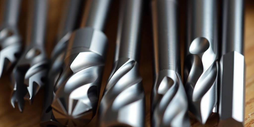 Photograph of assorted nail drill bits on a wooden table.