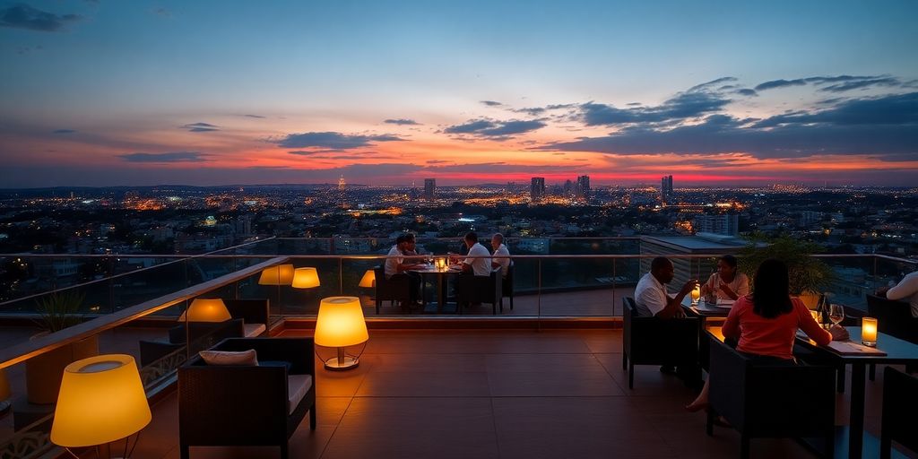 Rooftop bar with city view at sunset in Dar es Salaam.