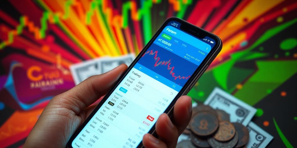 Smartphone with trading data, currency notes, and coins.