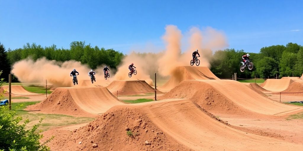 Biker springt über eine Dirt-Rampe im Dirtpark Marl.