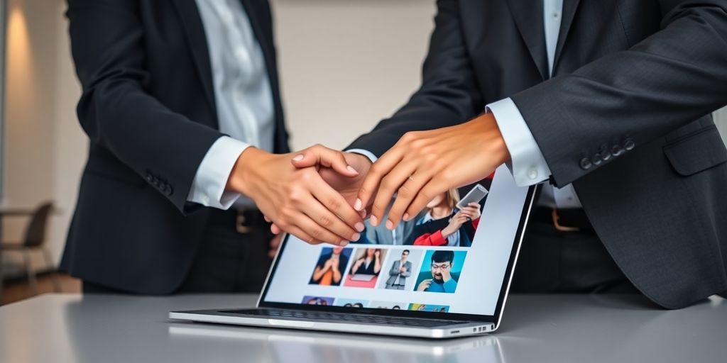 Two people shaking hands over a laptop.