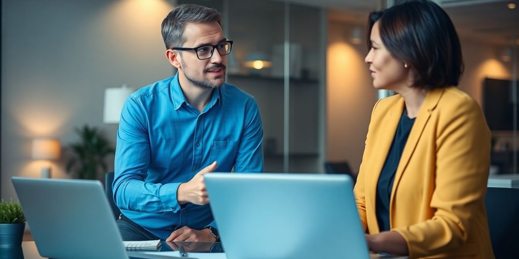 Consultant and client discussing professional services in an office.