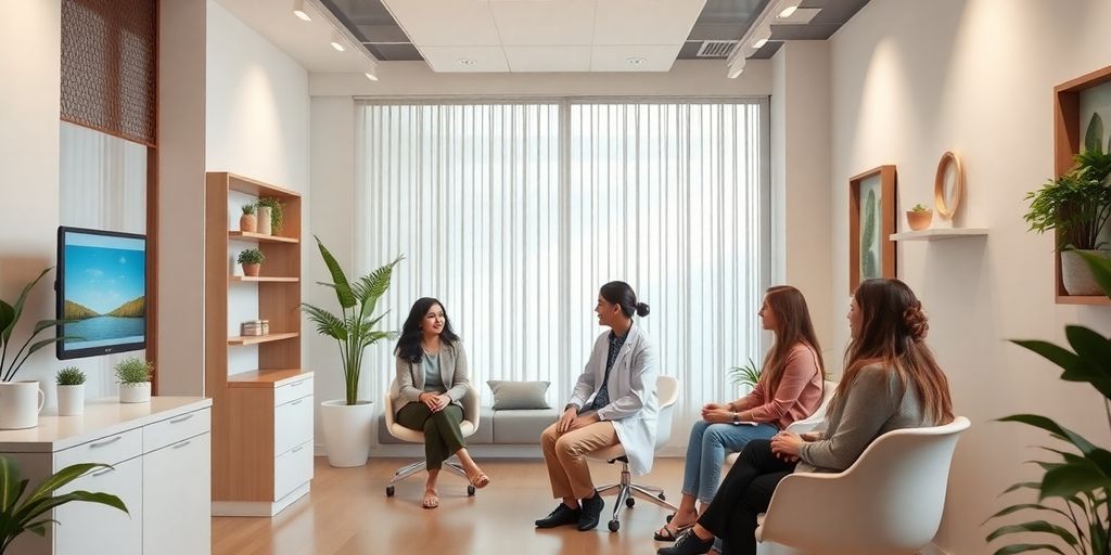 Clínica de bem-estar moderna com diversidade e conforto.