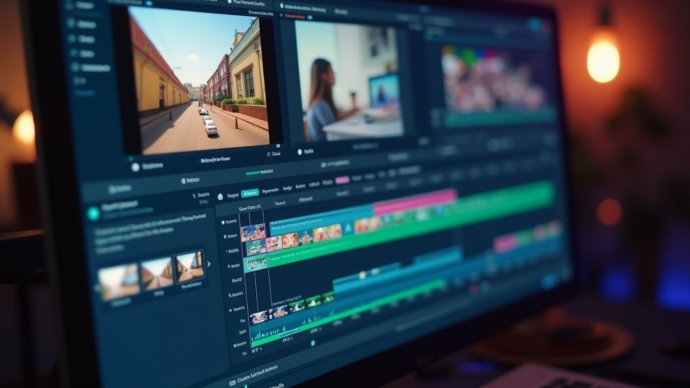 Computer screen with video editing software and colorful clips.