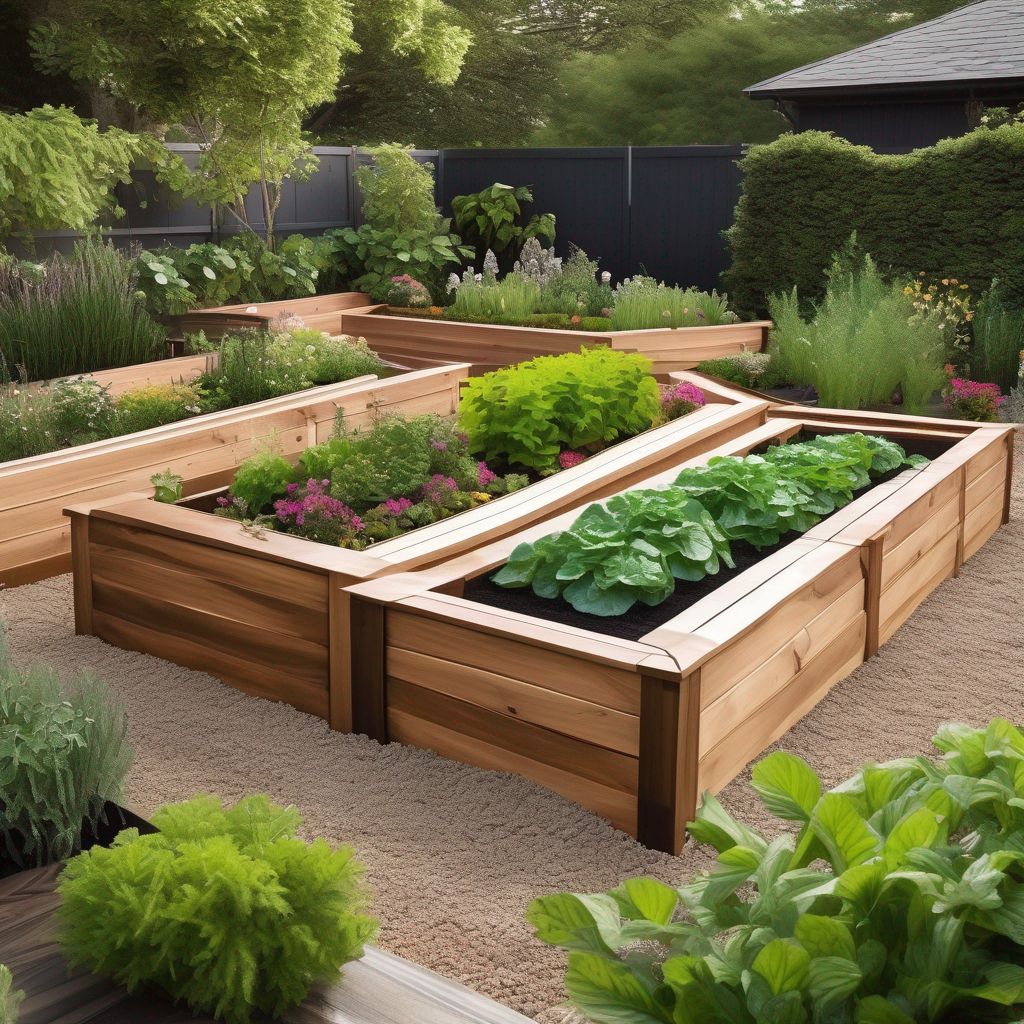 wooden raised garden beds in lush garden