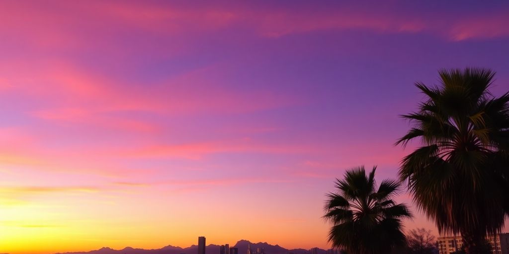 Phoenix cityscape at sunset with mountains.
