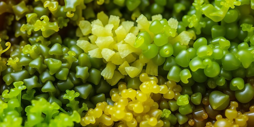 Close-up of diverse algae types on a clean background.
