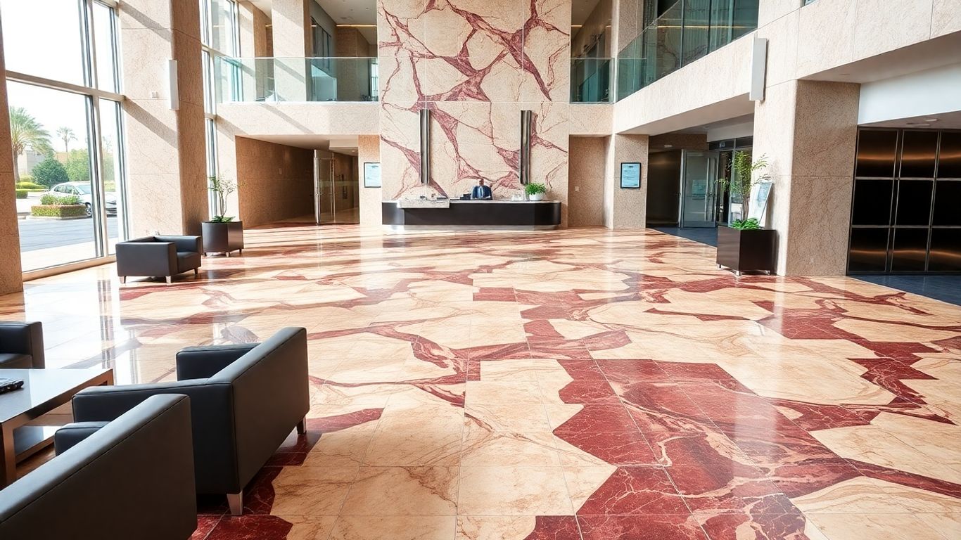 Polished Breccia Vino marble tiles in modern building lobby