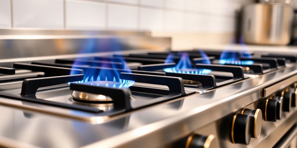 Close-up of a commercial LPG range with flames.