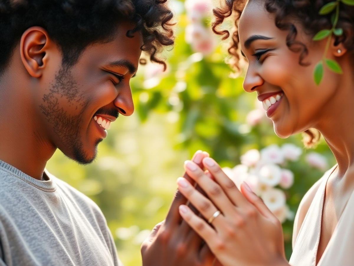 Oameni zâmbitori, mâini împreunate, lumină caldă, natură verde.