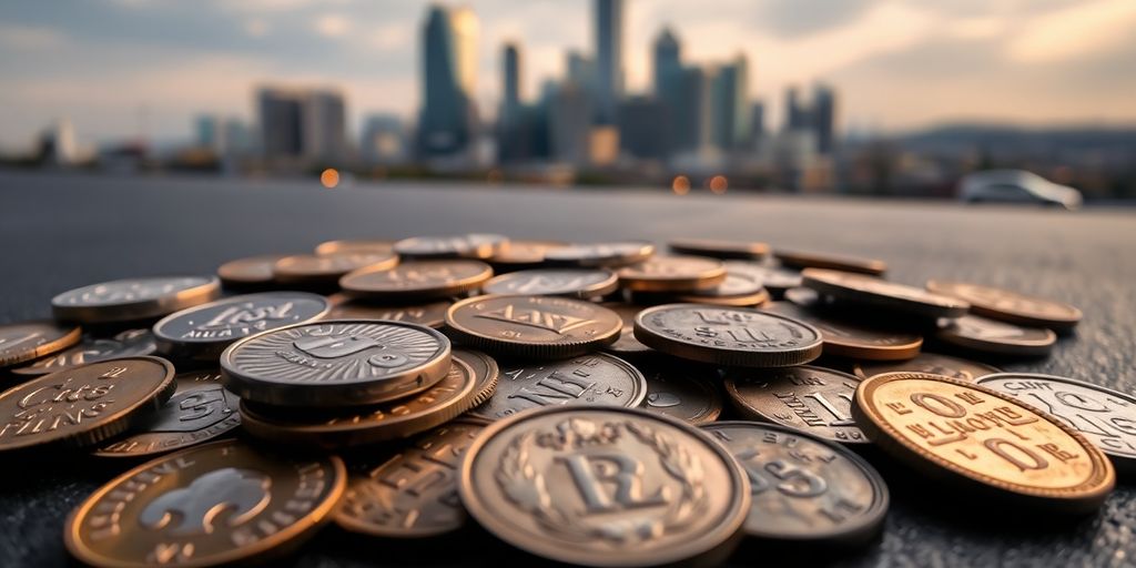 Dallas collector's coins with a city skyline.