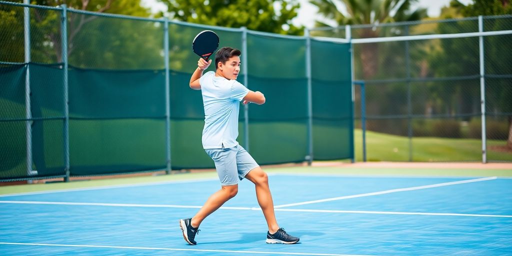 Pickleball player executes two-handed backhand shot.