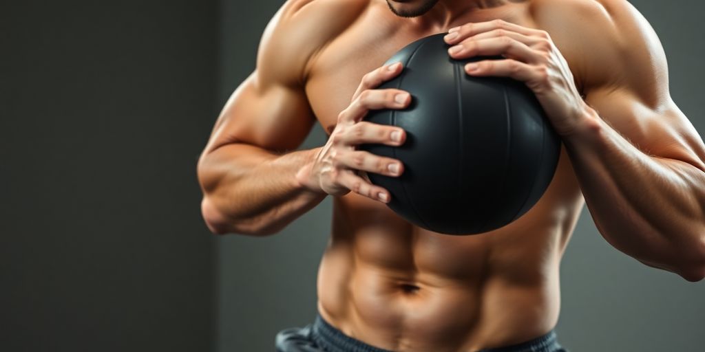 Person performing medicine ball core circuit.