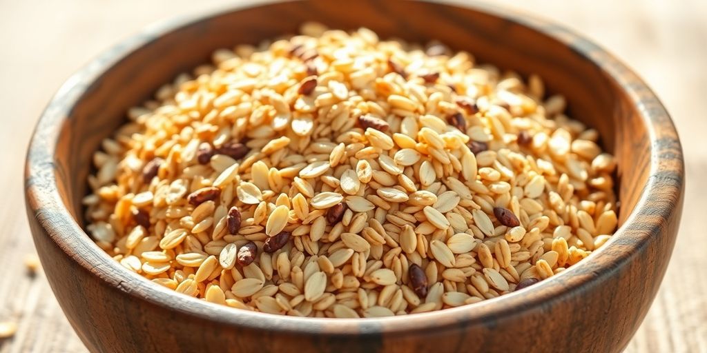 Heart-healthy whole grains in a wooden bowl.