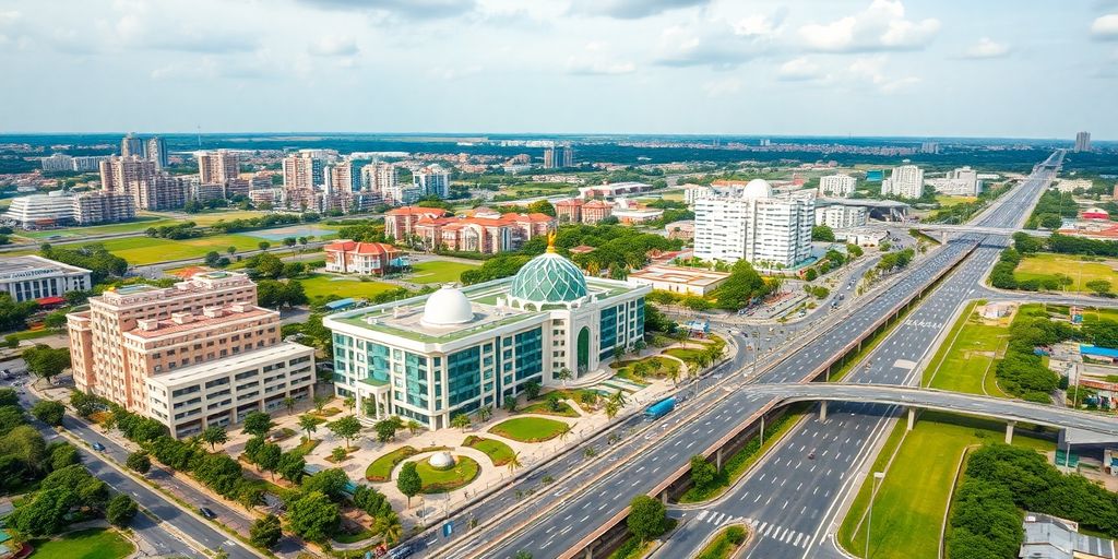 Aerial view of Gandhinagar Smart City with modern architecture.