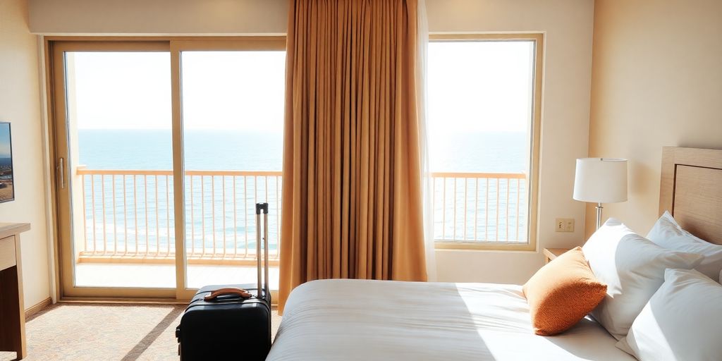 Glücklicher Alleinreisender genießt Hotelzimmer mit Meerblick.