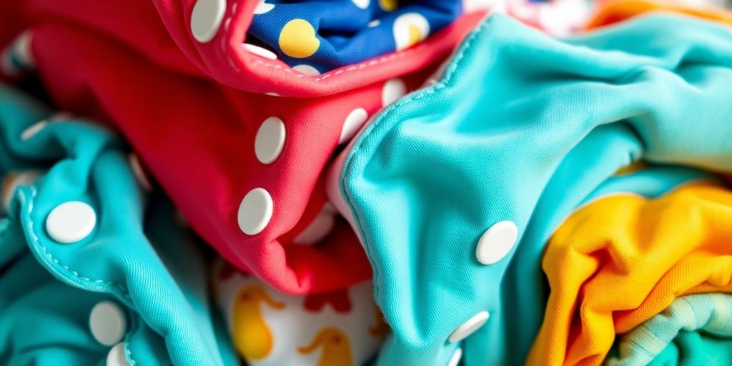 Stack of colorful cloth diapers for babies.