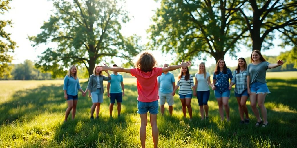 Friends holding hands together in sunlit meadow, smiling under trees.