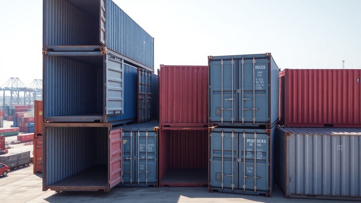 Large, durable steel shipping containers stacked in a port.