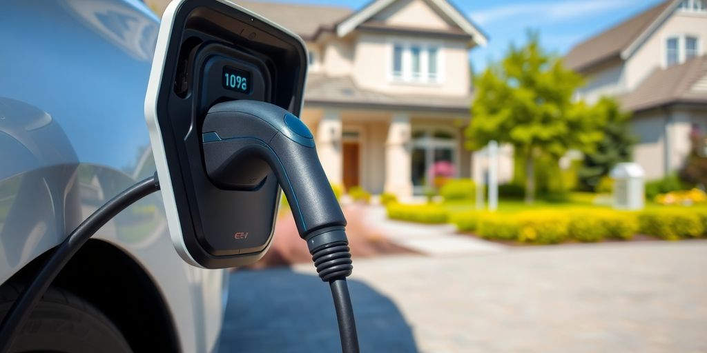 Home EV charging station with electric vehicle in driveway.