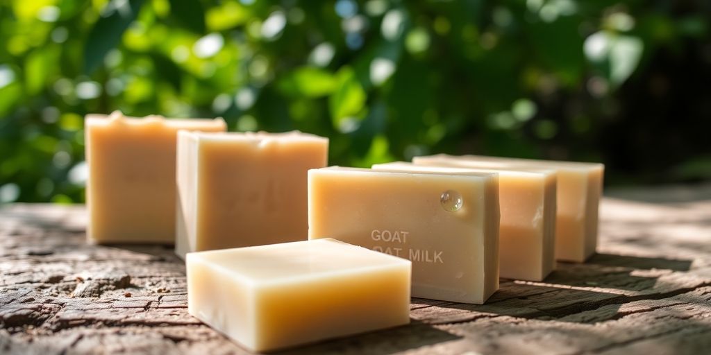 Goat milk soap bars, travel-sized, on a forest hiking trail.