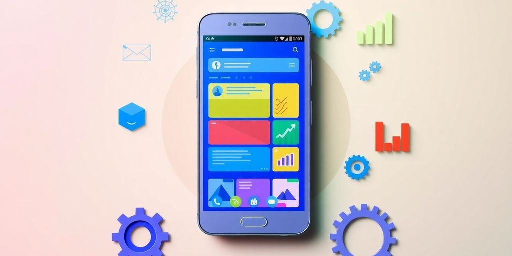 Imagem de smartphone com anúncios coloridos e ícones empresariais.