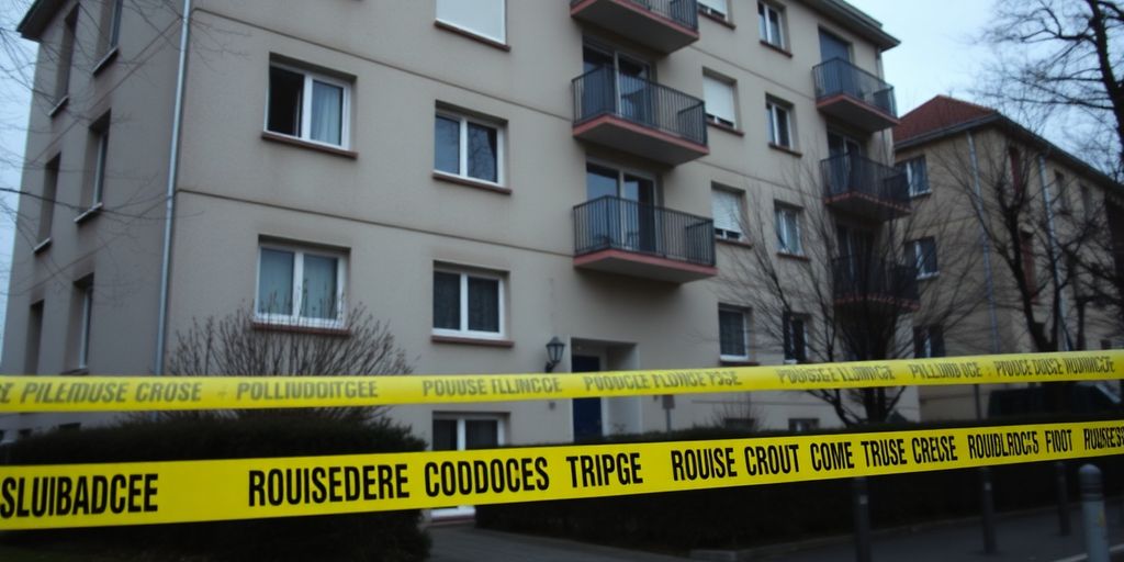 Bâtiment d'appartements avec ruban de police, extérieur.