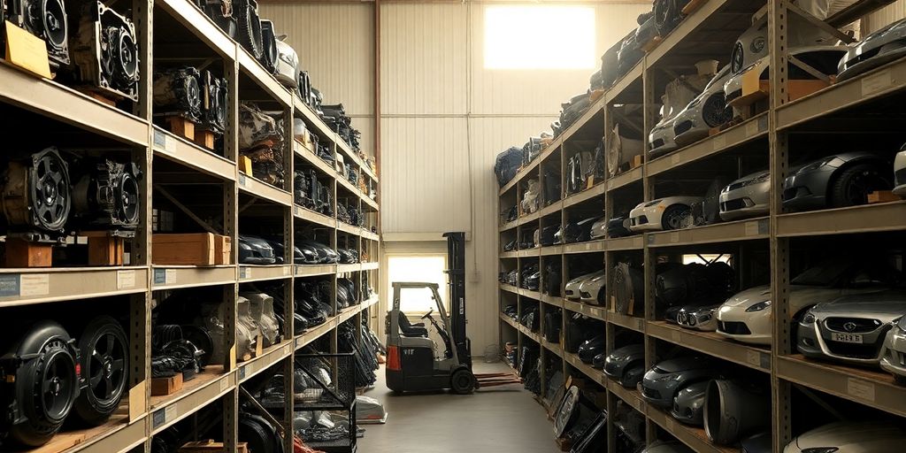 Used car parts neatly organized in a warehouse.