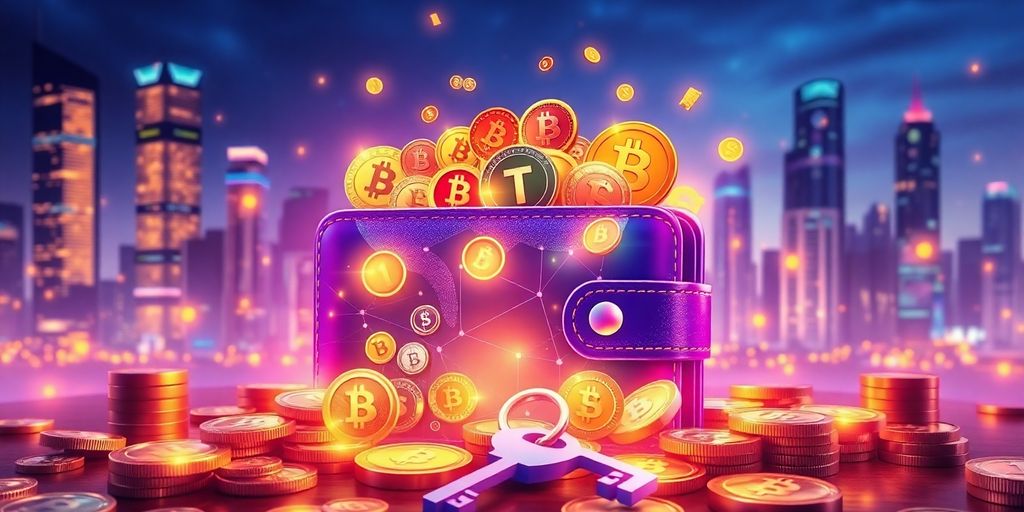 Colorful digital wallet with cryptocurrencies and a key.