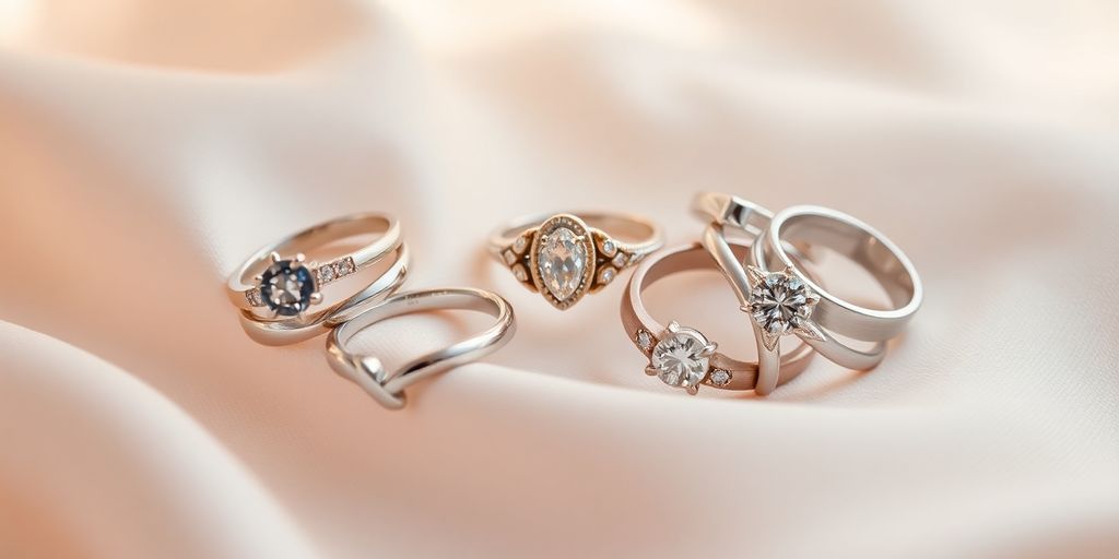 A collection of rings in different sizes on fabric.