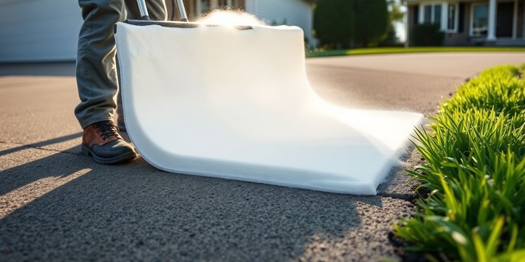 Worker applying foam lifting concrete on a driveway.