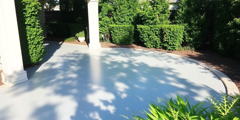 Resurfaced concrete patio with greenery in Grand Prairie.