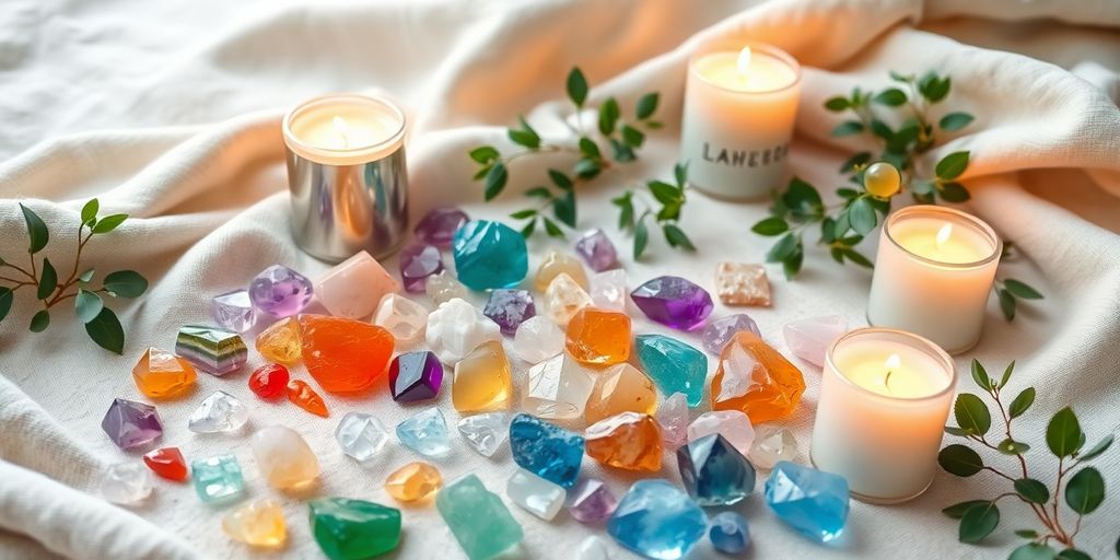 Colorful crystals and candles for manifesting abundance.
