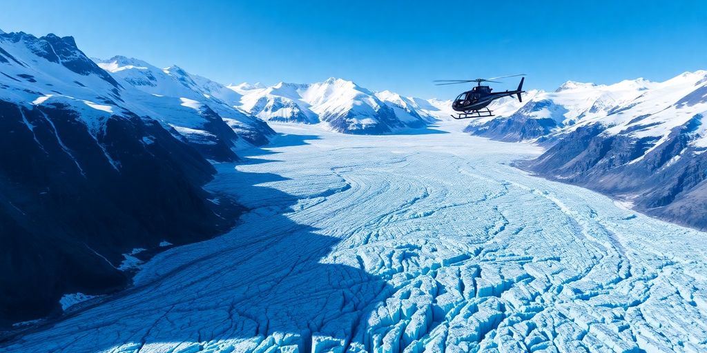 A helicopter flies over a massive Alaskan glacier and mountains.