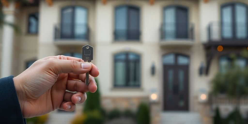 A hand holding a key in front of a luxurious house.