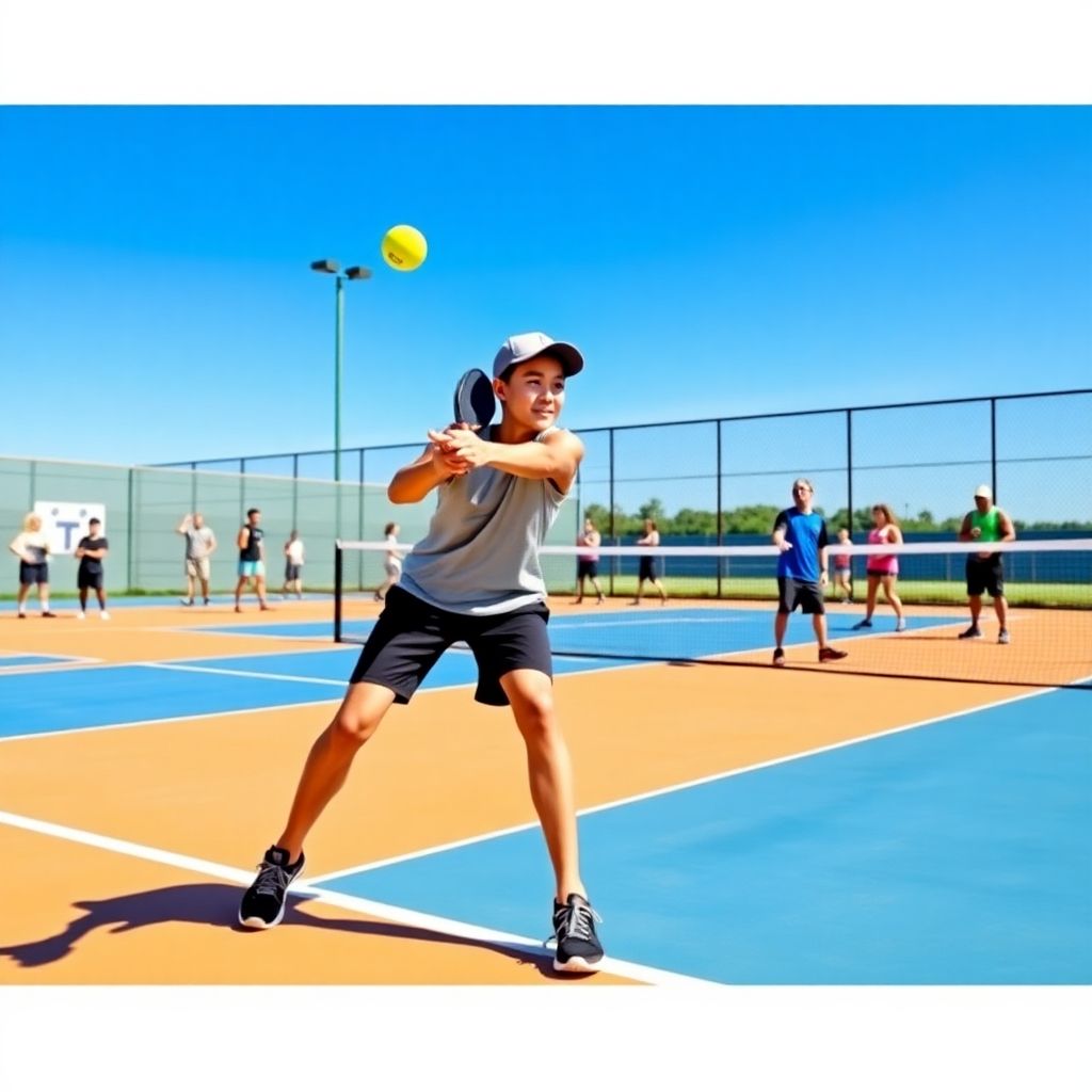 Beginner pickleball player practicing essential shots on court.