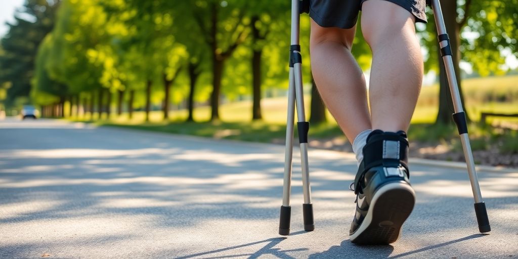 Man walking with crutches on a sunny street.