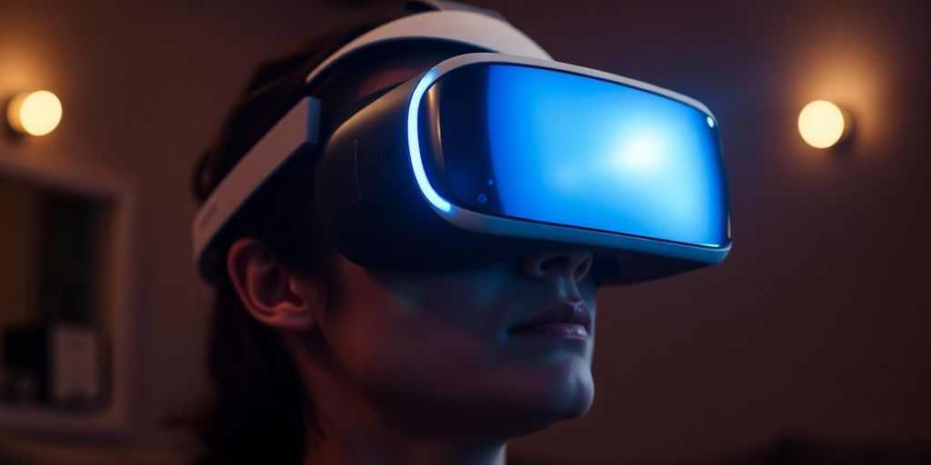 Person wearing Gear VR headset watching a movie.