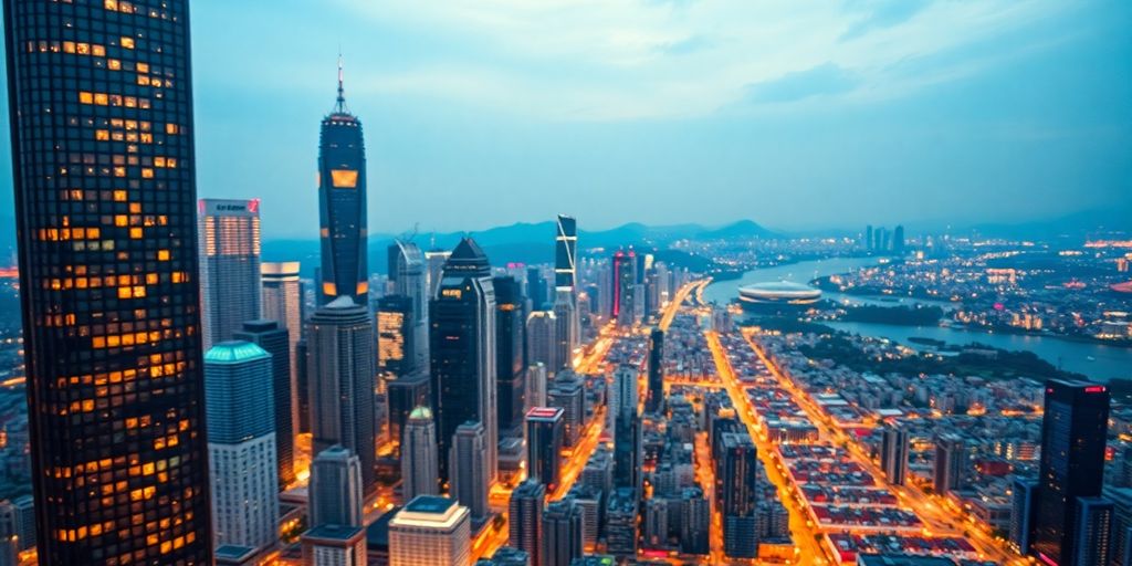 Shenzhen skyline and map.