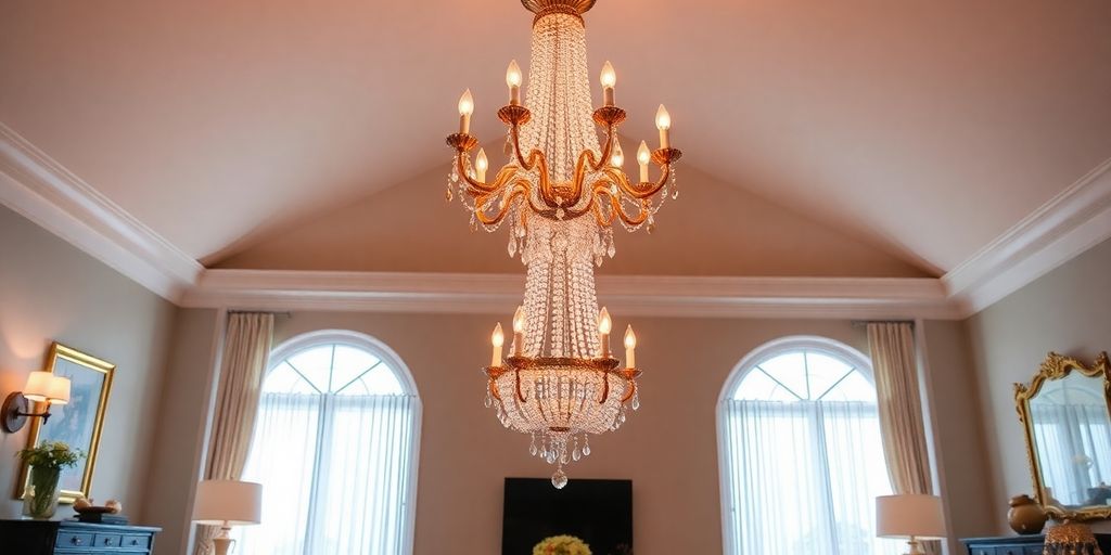 Elegant chandelier hanging in a stylish living room.