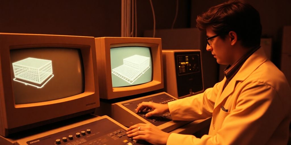 A technician adjusting vintage computer terminal displaying 3D wireframe model.