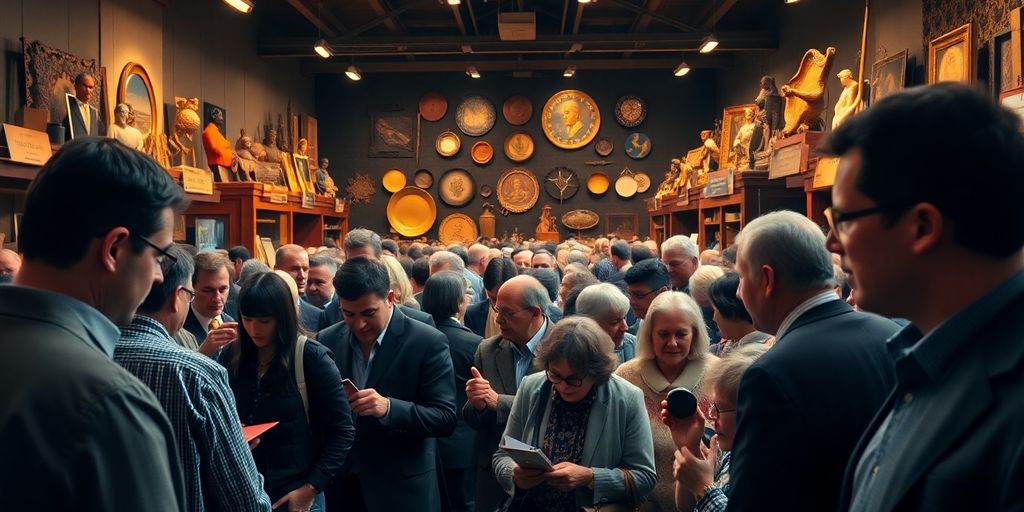 Bidders examining diverse items at a lively auction.