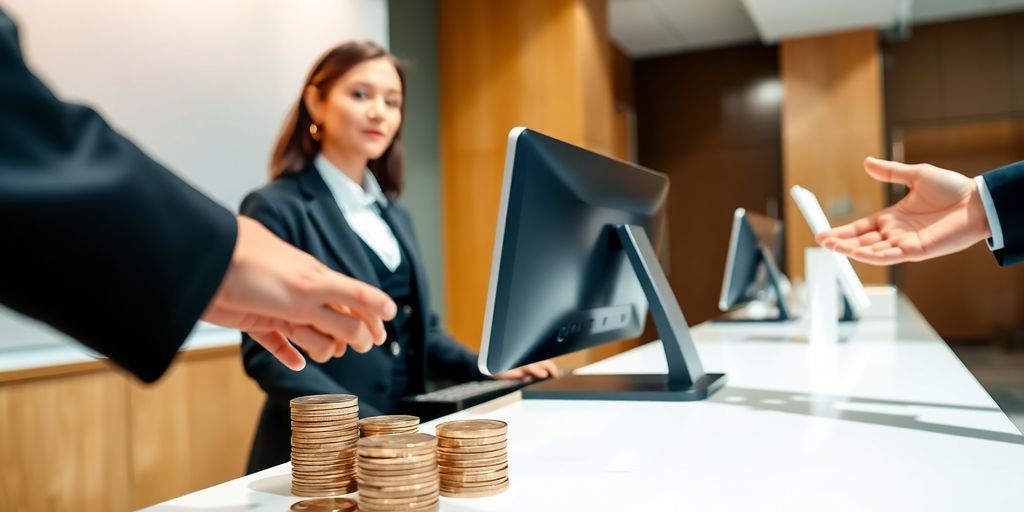 Bank teller assisting customer with financial transaction.