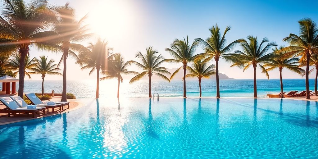 Luxury resort pool, clear blue sky, Cabo San Lucas.