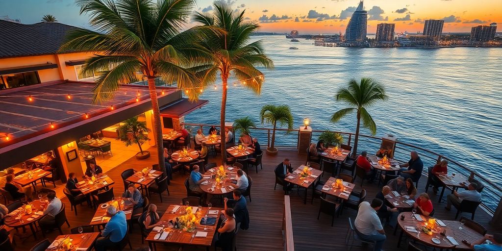 Outdoor Italian dinner by Aventura waterfront under twilight string lights.
