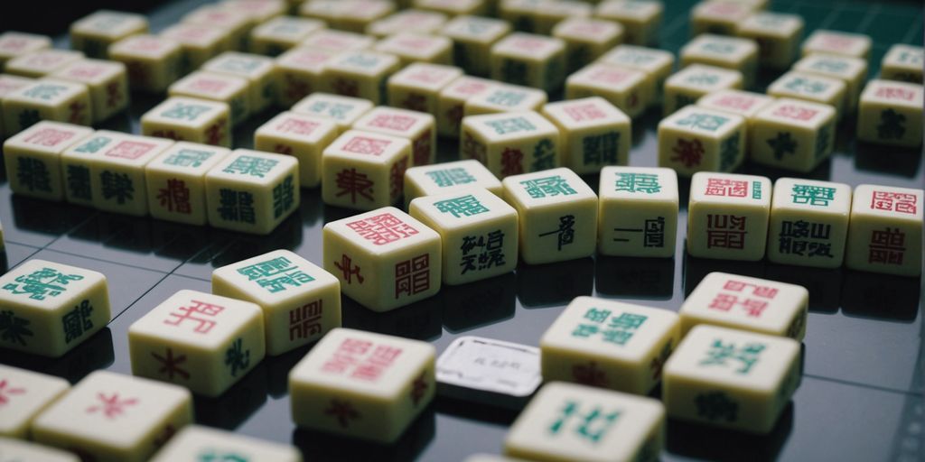 Mahjong tiles with a ruler showing standard dimensions.
