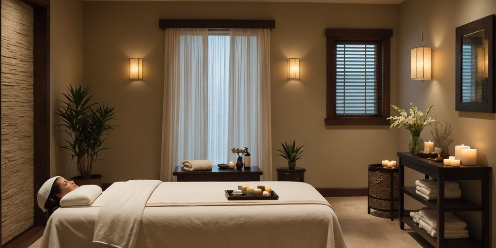 Serene spa room with massage table and calming decor