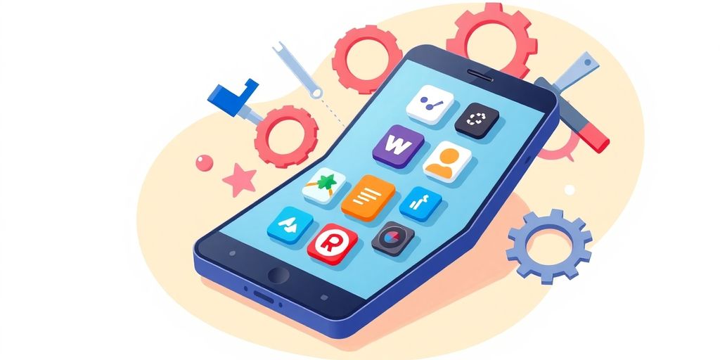 Smartphone with app icons and tools around it.